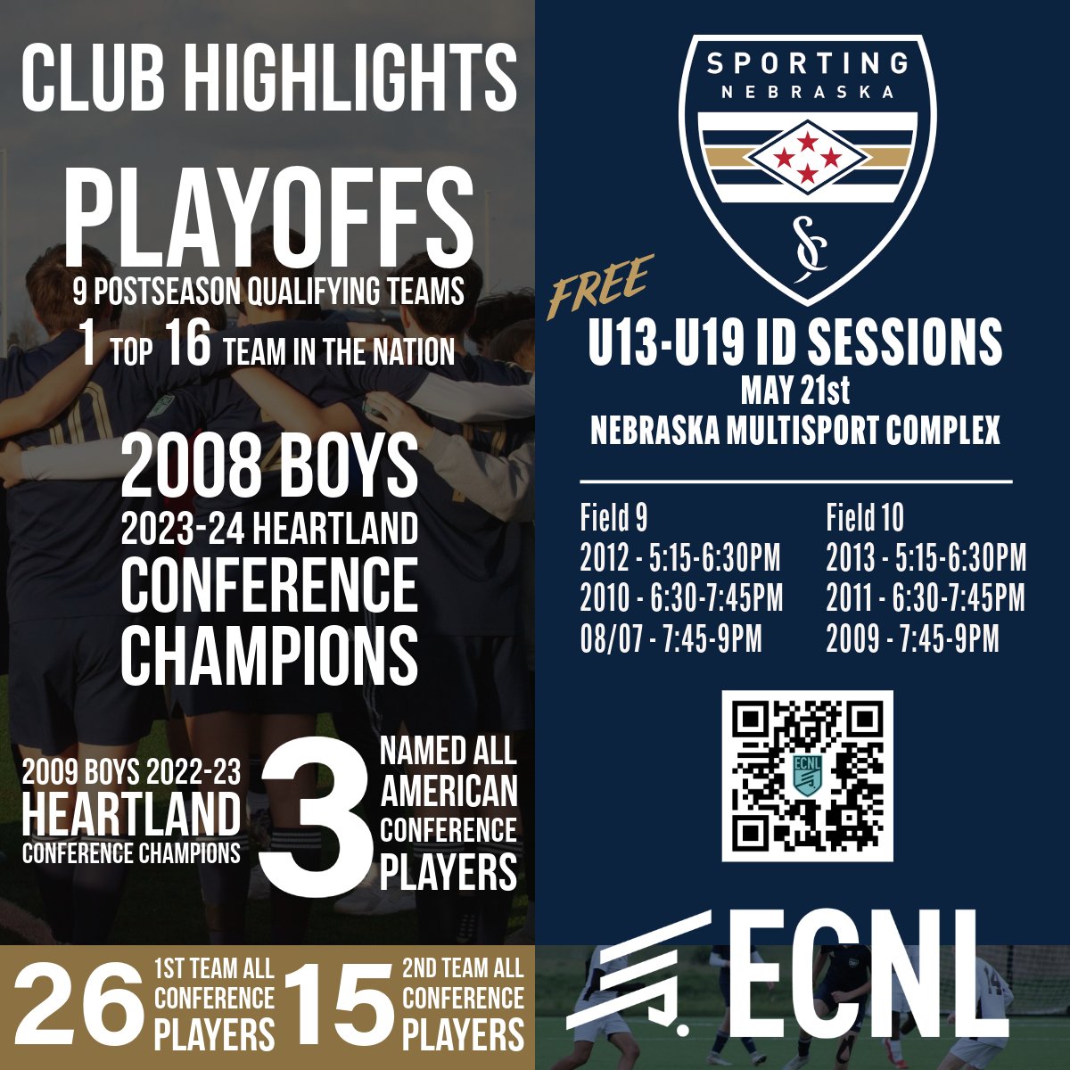 SportingNebraskaFC-ECNL (@snfc_ecnl) on Twitter photo 🚨 ECNL PLAYER ID SESSIONS🚨
Sporting Nebraska FC ECNL invites all U13-U19 boys to join us tonight!
May 21 | Fields #9 & #10
<a href="/NE_MultiSport/">Nebraska MultiSport Complex</a> (120th & Giles)
5:15 PM | 2012/2013
6:30 PM | 2010/2011
7:45 PM | 08/07/2009
FREE to all players
sportingnebraskafc.com/ECNLboys 🚨 ECNL PLAYER ID SESSIONS🚨
Sporting Nebraska FC ECNL invites all U13-U19 boys to join us tonight!
May 21 | Fields #9 & #10
<a href="/NE_MultiSport/">Nebraska MultiSport Complex</a> (120th & Giles)
5:15 PM | 2012/2013
6:30 PM | 2010/2011
7:45 PM | 08/07/2009
FREE to all players
sportingnebraskafc.com/ECNLboys