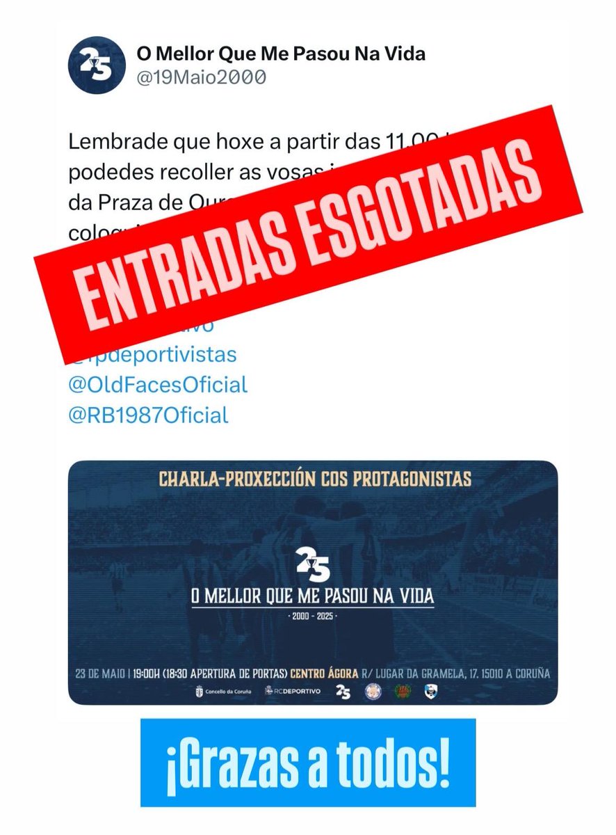 ENTRADAS ESGOTADAS!
Moitas grazas a todas e todos!
<a href="/ConcelloCoruna/">Concello da Coruña</a> 
<a href="/coruna_deportes/">A Coruña Deportes</a> 
<a href="/Cultura_Coruna/">Cultura da Coruña</a> 
<a href="/RCDeportivo/">RC Deportivo</a> 
<a href="/fpdeportivistas/">Federación de Peñas Deportivistas🍍</a> 
<a href="/RB1987Oficial/">Riazor Blues</a> 
<a href="/OldFacesOficial/">Old Faces Rcd</a>