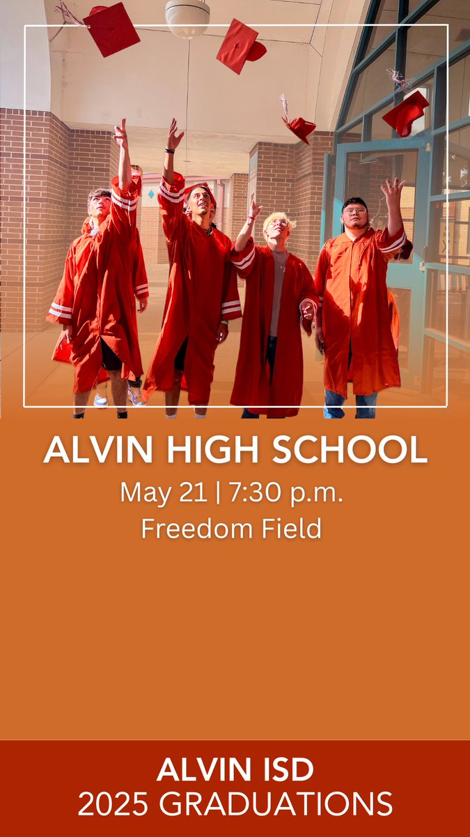 Alvin ISD (@alvinisd) on Twitter photo .<a href="/AlvinHSJackets/">Alvin High School (Official)</a> - today's the day!
The ceremony will begin at 7:30 p.m. at Freedom Field (10855 Iowa Colony Blvd., Iowa Colony, TX). Stadium gates will open at 6:00 pm.
Details, Livestream link and stadium guidelines alvinisd.net/graduation .<a href="/AlvinHSJackets/">Alvin High School (Official)</a> - today's the day!
The ceremony will begin at 7:30 p.m. at Freedom Field (10855 Iowa Colony Blvd., Iowa Colony, TX). Stadium gates will open at 6:00 pm.
Details, Livestream link and stadium guidelines alvinisd.net/graduation