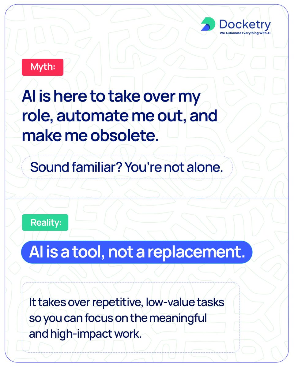 DocketryAi's tweet image. “AI will take over my job.” Heard that?🤔

Truth is, AI isn’t your replacement—it’s your upgrade.

Automate tasks, unlock creativity &amp;amp; boost impact.
Embrace the future with AI.💡

#FutureOfWork #AIatWork #Docketry #MythBusting #WorkSmarter #Innovation #DigitalTransformation