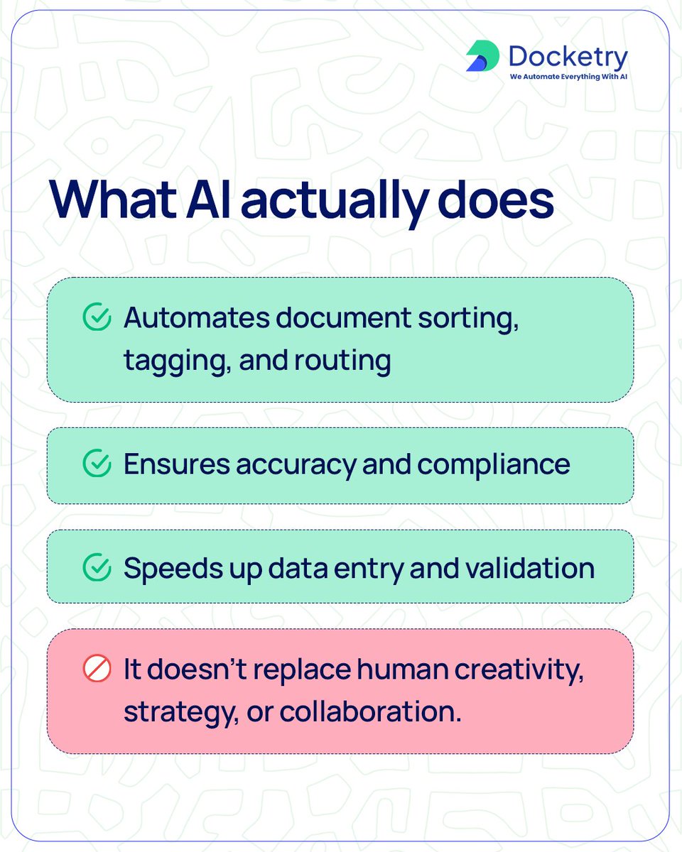 DocketryAi's tweet image. “AI will take over my job.” Heard that?🤔

Truth is, AI isn’t your replacement—it’s your upgrade.

Automate tasks, unlock creativity &amp;amp; boost impact.
Embrace the future with AI.💡

#FutureOfWork #AIatWork #Docketry #MythBusting #WorkSmarter #Innovation #DigitalTransformation