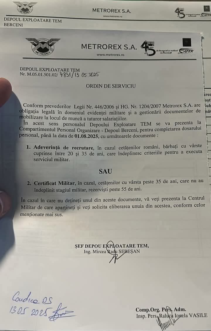 GlobalDiss's tweet photo. 🇷🇴 Right after the EU’s favorite was "elected" in Romania

Metrorex asks all male employees aged 20–55 to submit military papers by August 1st. https://t.co/BakeirUbJP