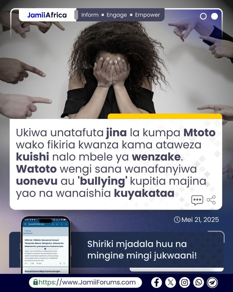 JamiiForums's tweet photo. Vipi Mdau, ulizingatia nini kwenye kumpa Mtoto wako Jina?
Jina ulilopewa na Wazazi/Walezi wako limewahi kukuletea usumbufu wowote Maishani mwako?
Mjadala zaidi https://t.co/G1DhhzgNfQ
#JamiiForums #JamiiAfrica #Maisha #JFChitChats #JFStories #Malezi #Parenting https://t.co/tgsJLCnemZ