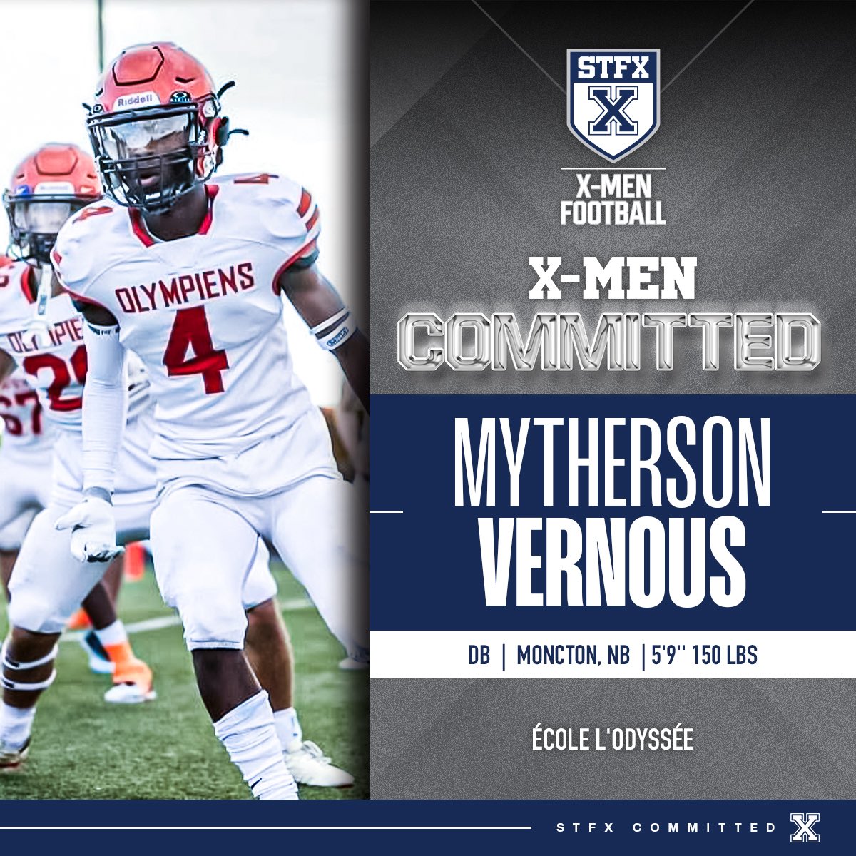 X-Men Football would like to welcome Mytherson Vernous to the 2025 recruiting class! 

Mytherson is a Defensive Back from Moncton, NB . 

Welcome to the STFX family, Mytherson!