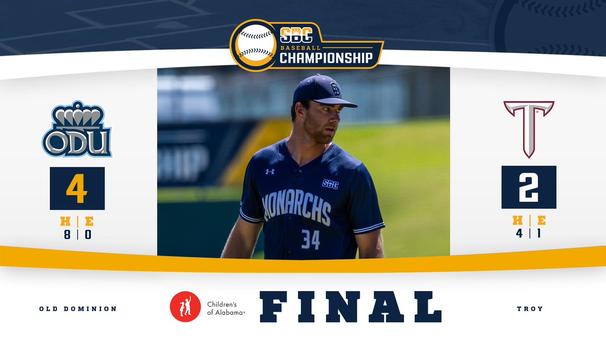 Sun Belt (@sunbelt) on Twitter photo 𝗢𝗣𝗘𝗡𝗜𝗡𝗚 𝗦𝗛𝗢𝗧.
<a href="/ODUBaseball/">Old Dominion Baseball</a> takes the opening game of the double-elimination portion of the #SunBeltBSB Championship, 4-2 over Troy, behind a gutty performance from <a href="/dylantbrown27/">Dylan Brown</a>. ☀️⚾️ 𝗢𝗣𝗘𝗡𝗜𝗡𝗚 𝗦𝗛𝗢𝗧.
<a href="/ODUBaseball/">Old Dominion Baseball</a> takes the opening game of the double-elimination portion of the #SunBeltBSB Championship, 4-2 over Troy, behind a gutty performance from <a href="/dylantbrown27/">Dylan Brown</a>. ☀️⚾️