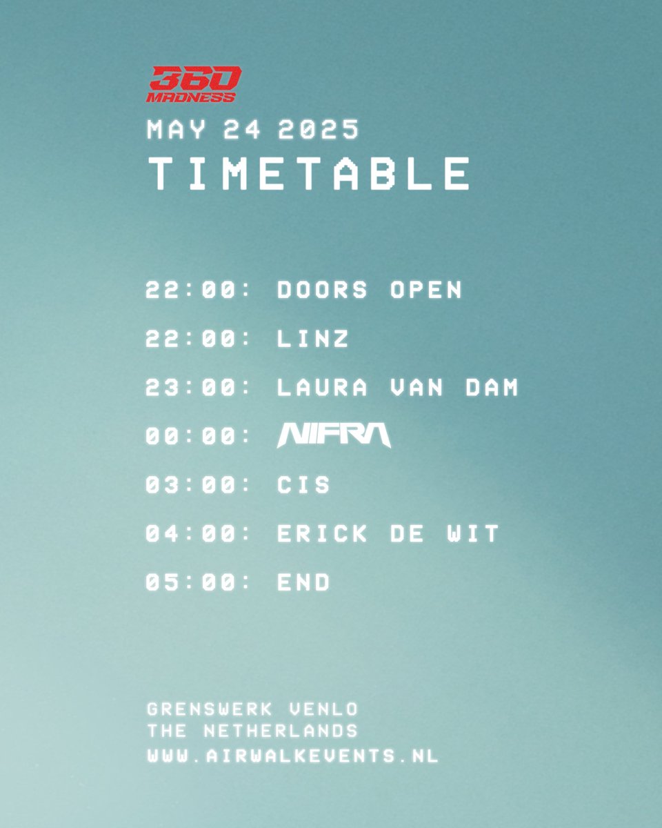 It’s almost time to dive into the rave of your life ⚡ With just days to go, we’re cranking up the anticipation by dropping the official timetable for <a href="/Nifra/">Nifra</a>'s 360 Madness! 🕒 Here’s how your night unfolds:

Last tickets: airwalkevents.nl/event/nifra/