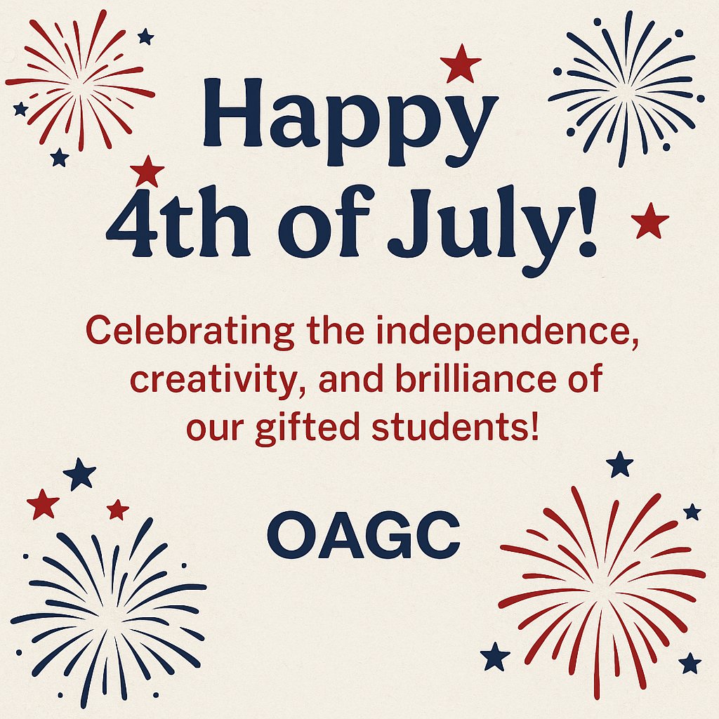 OAGCGifted's tweet image. 🎆 Happy 4th of July from OAGC!
Today we celebrate the independence, brilliance, and creativity that make our gifted students shine bright—just like the fireworks! 💥🇺🇸 #GiftedEd #IndependenceDay #OAGC #4thOfJuly