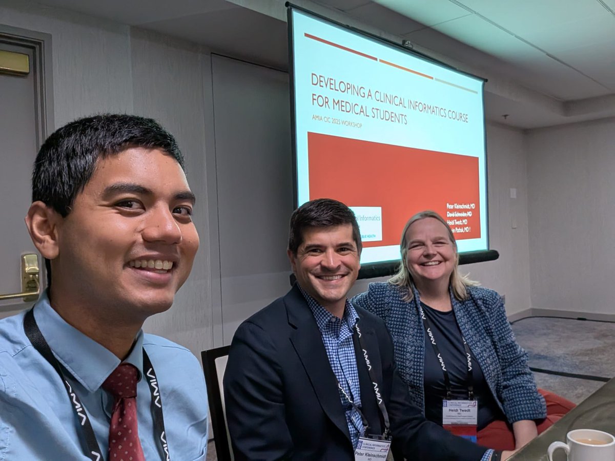 UW Applied Clinical Informatics (@uwinformatics) on Twitter photo Our #CIC25 workshop on Developing a Clinical Informatics Course for Medical Students was filled with engaged educators from across the globe. <a href="/p_kleinschmidt/">Peter Kleinschmidt</a> <a href="/NavinPathakMD/">Navin Pathak</a> <a href="/heidi_twedt/">Heidi Twedt, MD</a>
If your medical school does not have an informatics course - come find us on VSLO! Our #CIC25 workshop on Developing a Clinical Informatics Course for Medical Students was filled with engaged educators from across the globe. <a href="/p_kleinschmidt/">Peter Kleinschmidt</a> <a href="/NavinPathakMD/">Navin Pathak</a> <a href="/heidi_twedt/">Heidi Twedt, MD</a>
If your medical school does not have an informatics course - come find us on VSLO!