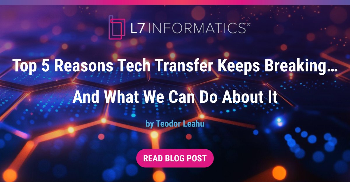 L7 Informatics (@l7informatics) on Twitter photo #TechTransfer keeps breaking because of a deep disconnect between #science, #engineering, and #execution. 
Here are the #TOP5 REASONS why: 
1. Dispersed knowledge
2. Incomplete docs
3. One-way comms
4. Engineering gaps
5. Siloed formats
Time to fix it: bit.ly/4dsYroI #TechTransfer keeps breaking because of a deep disconnect between #science, #engineering, and #execution. 
Here are the #TOP5 REASONS why: 
1. Dispersed knowledge
2. Incomplete docs
3. One-way comms
4. Engineering gaps
5. Siloed formats
Time to fix it: bit.ly/4dsYroI