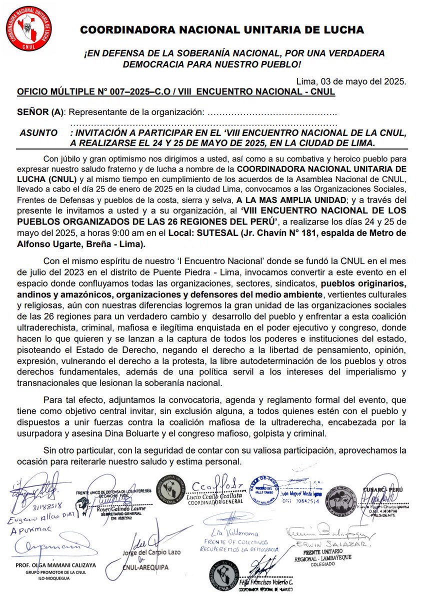 LimaFueraPorky's tweet photo. ‼️VIII Encuentro Nacional de CNUL en #lima📷* Las delegaciones de las regiones llegarán para planificar las siguientes jornadas de lucha contra  #DinaBoluarte 📷 Descarga invitación y reglamento:  https://t.co/V1M0mew9CU https://t.co/vzFZC8zF66