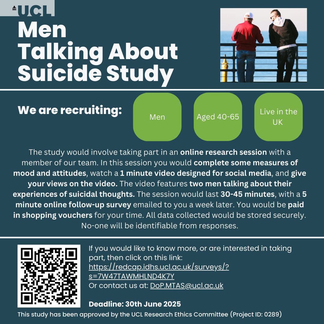Alexandra Pitman (@drapitman) on Twitter photo Is your dad aged 40-65? We are recruiting UK-based men aged 40-65 years for our <a href="/ucl/">UCL</a> research study to find out what they think of our video: Men Talking About Suicide. Funded by a <a href="/GrandChallenges/">UCL Grand Challenges</a> award. Closes 30/06/25. Send them this link to read more redcap.idhs.ucl.ac.uk/surveys/?s=7W4… Is your dad aged 40-65? We are recruiting UK-based men aged 40-65 years for our <a href="/ucl/">UCL</a> research study to find out what they think of our video: Men Talking About Suicide. Funded by a <a href="/GrandChallenges/">UCL Grand Challenges</a> award. Closes 30/06/25. Send them this link to read more redcap.idhs.ucl.ac.uk/surveys/?s=7W4…