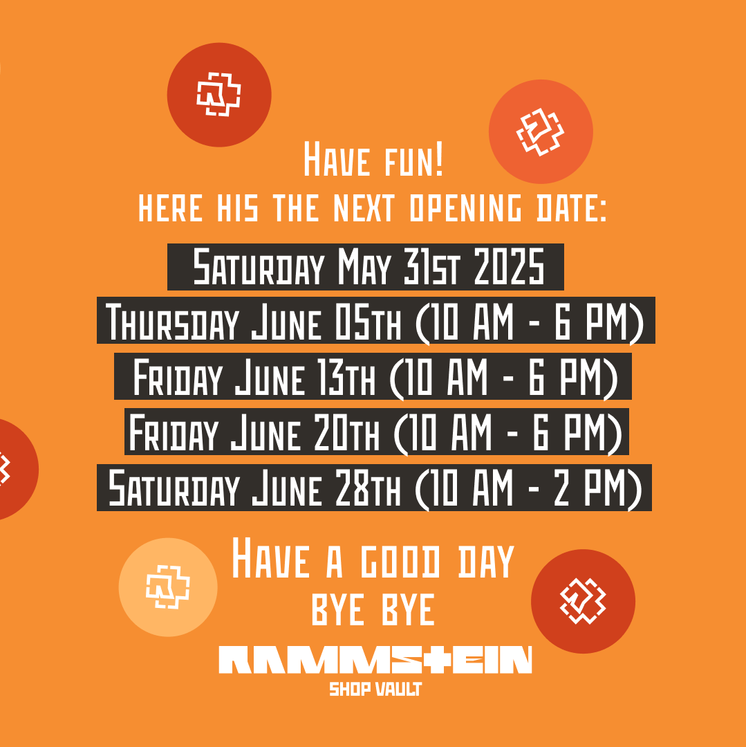 RammsteinShopUn's tweet photo. Rammstein store opening!π¬
(+new dates announcement!)
This Thursday May 22 10AM-6PM
Have fun!
Bye bye
#Rammstein #RammsteinShop #RammsteinStore #RammsteinStoreBerlin https://t.co/jInEIZqoPp