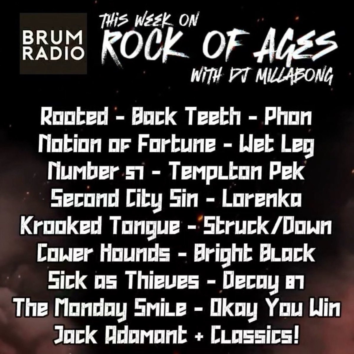 Jack Adamant (@jackadamant) on Twitter photo Rock of Ages is on tonight🔥Tune in to <a href="/BrumRadio/">Brum Radio</a> from 7pm UK time with the awesome Dj Millabong for a killer mix of rock, punk, metal, grunge, and everything in between. Really excited to be part of the lineup! Rock of Ages is on tonight🔥Tune in to <a href="/BrumRadio/">Brum Radio</a> from 7pm UK time with the awesome Dj Millabong for a killer mix of rock, punk, metal, grunge, and everything in between. Really excited to be part of the lineup!