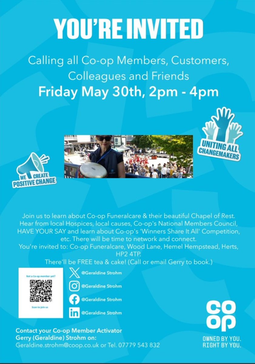 Geraldine Strohm (@geraldinestrohm) on Twitter photo Join me + fab local causes, local Celebrant <a href="/LizPilny/">Liz Pilny</a>, <a href="/coopuk/">Co-op</a> <a href="/CoopFuneralcare/">Co-op Funeralcare</a> <a href="/CoopNMC/">Co-op National Members’ Council</a> local hospices, members, colleagues and friends for Herts-CAN, 30th May, 2-4pm the Chapel, Co-op Funeralcare, Wood Lane, Hemel Hempstead, Herts, HP2 4TP. FREE tea & cake. RSVP. Join me + fab local causes, local Celebrant <a href="/LizPilny/">Liz Pilny</a>, <a href="/coopuk/">Co-op</a> <a href="/CoopFuneralcare/">Co-op Funeralcare</a> <a href="/CoopNMC/">Co-op National Members’ Council</a> local hospices, members, colleagues and friends for Herts-CAN, 30th May, 2-4pm the Chapel, Co-op Funeralcare, Wood Lane, Hemel Hempstead, Herts, HP2 4TP. FREE tea & cake. RSVP.