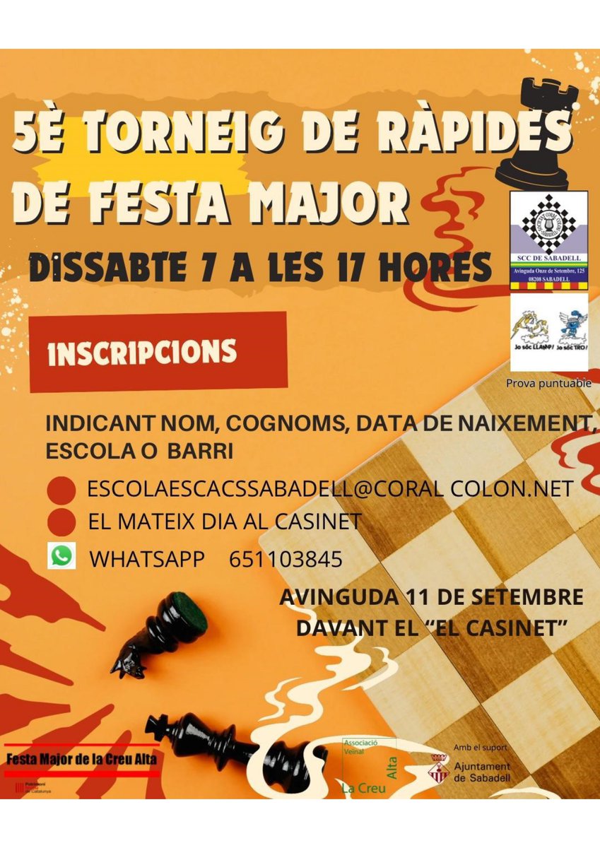 La Festa Major de la Creu Alta s'apropa!!!! Una de les activitats serà el V Torneig de ràpides!!!!! Teniu tota la informació i com fer la inscripció al cartell!! No us oblideu dir si sou LLamp o Tro!!!! <a href="/AVLaCreuAlta/">AV La Creu Alta</a>
