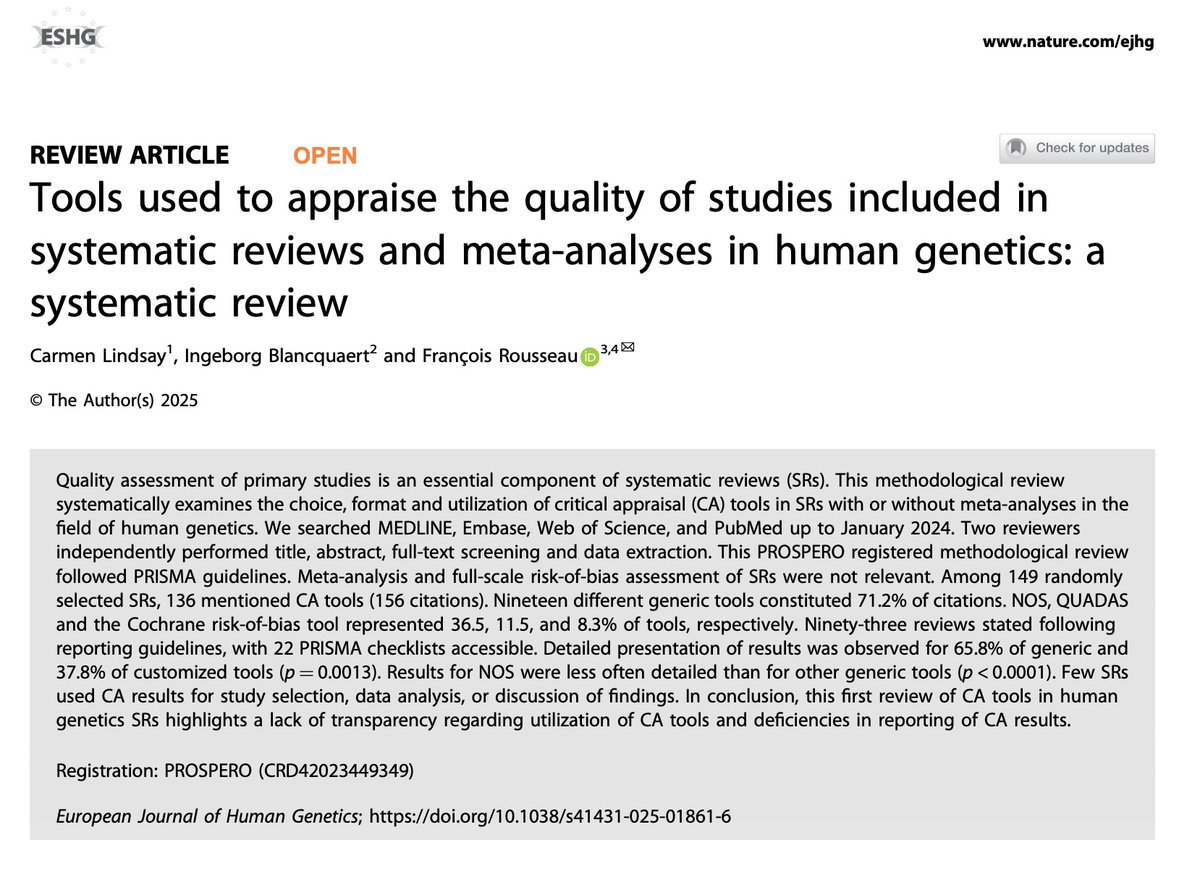 Francois Rousseau (@rousseauf) on Twitter photo Read my latest #research on Tools used to appraise the quality of studies included insystematic reviews and meta-analyses in human genetics: a systematic review, published with <a href="/SpringerNature/">Springer Nature</a> in <a href="/ejhg_journal/">European Journal of Human Genetics</a> Read my latest #research on Tools used to appraise the quality of studies included insystematic reviews and meta-analyses in human genetics: a systematic review, published with <a href="/SpringerNature/">Springer Nature</a> in <a href="/ejhg_journal/">European Journal of Human Genetics</a>