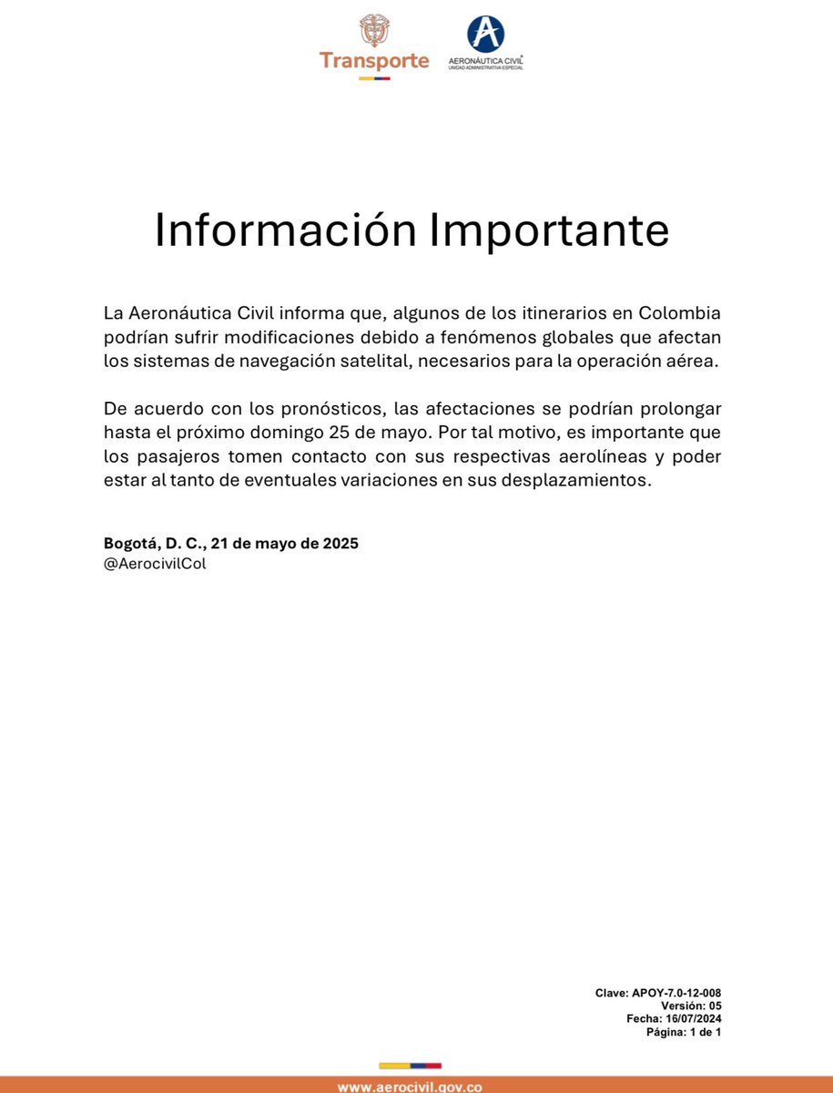 #InformaciónImportante sobre fenómenos globales que afectan los sistemas de navegación satelital, necesarios para la operación aérea.