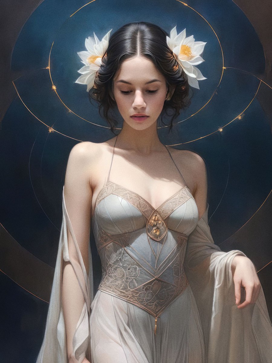 Embrace the tranquility of this ethereal figure, symbolizing feminine grace and celestial beauty. Let her serene gaze inspire you. #Unicore7 #NFT #ArtInspiration #CosmicElegance