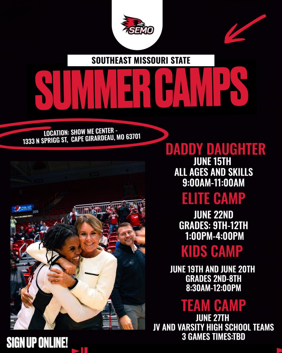 SEMO Women’s Basketball (@officialsemowbb) on Twitter photo 🚨FANS🚨
Due to some scheduling conflicts, we have had to shuffle our Summer schedule around... HAVE NO FEAR, Camp Szn IS (still) near😎 🏀
Camp with the Redhawks at the link below ⬇️
🔗shorturl.at/rWBGQ 
#FeelinRowdy x #SwordsUp 🚨FANS🚨
Due to some scheduling conflicts, we have had to shuffle our Summer schedule around... HAVE NO FEAR, Camp Szn IS (still) near😎 🏀
Camp with the Redhawks at the link below ⬇️
🔗shorturl.at/rWBGQ 
#FeelinRowdy x #SwordsUp