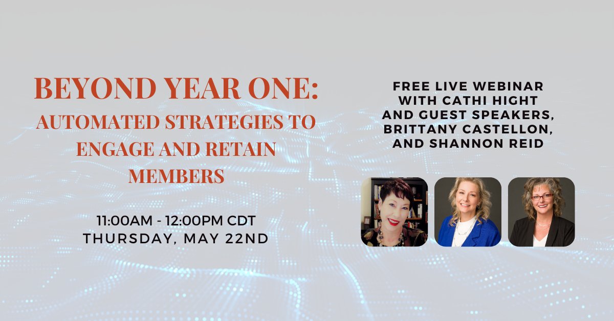Last chance to join us for Thursday's FREE webinar, "Beyond Year One: Automated Strategies to Engage and Retain Members", with Cathi Hight, Brittany Castellon, and Shannan Reid.

Save your spot!  Be sure to register for this FREE webinar by 5pm CT hightperformance.com/automated-stra…