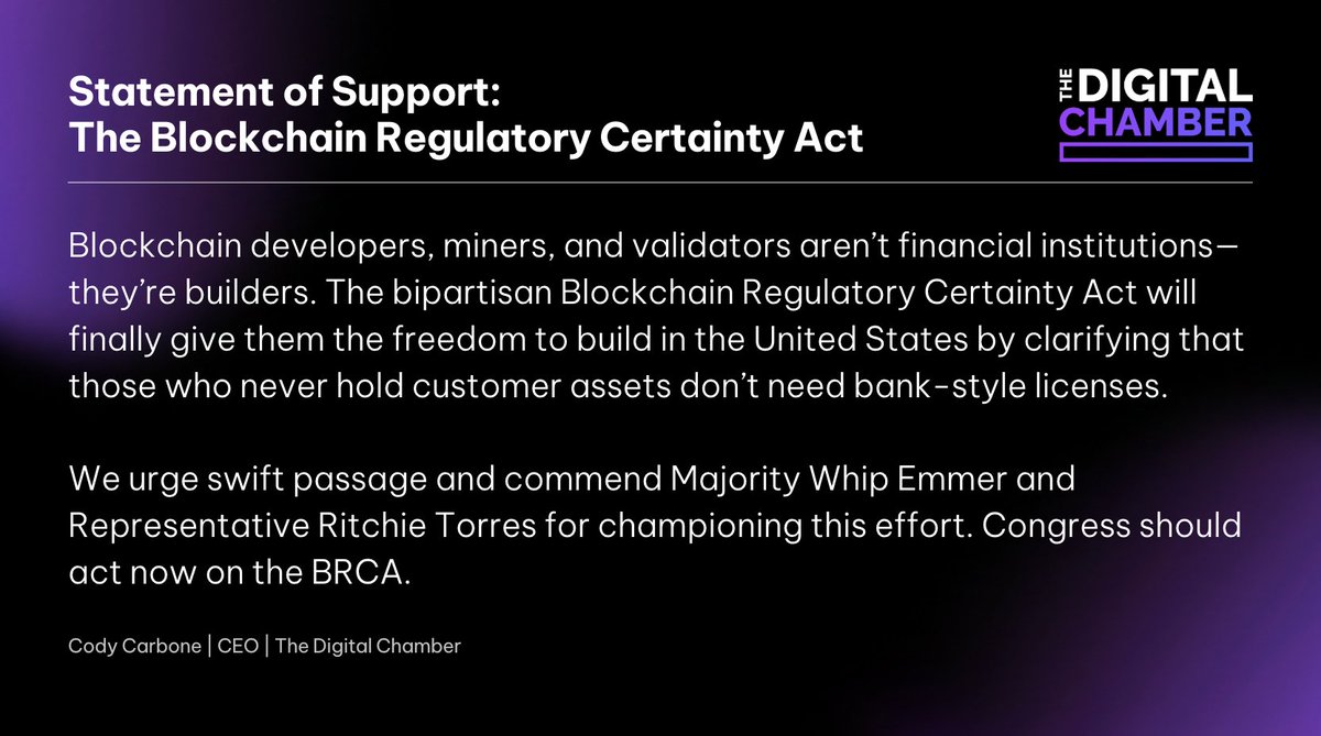 We urge Congress to move quickly on the bipartisan Blockchain Regulatory  Certainty Act—championed by @GOPMajorityWhip and @RepRitchie—which stands  to be one of the most consequential steps toward true regulatory clarity  for crypto.
