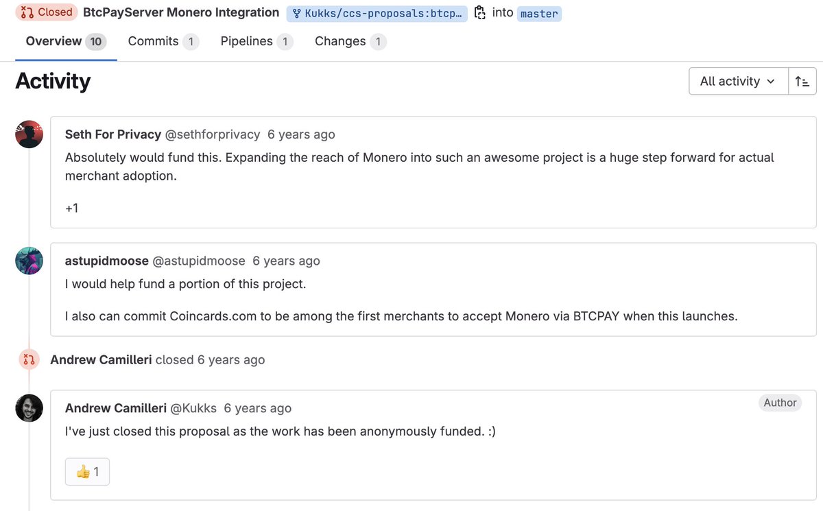 Monero + BTCPay Server history: Integration was fully funded by an anonymous donor.