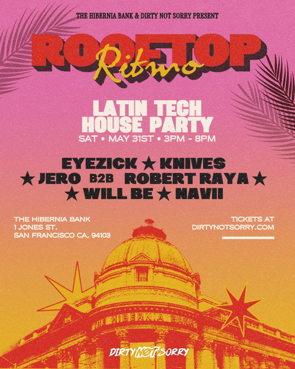 Announcing our Latin Tech House daytime rooftop party: Roofop Ritmo 🎶 😎

Next Sat. 5/31 at the historic Hibernia Bank 📍

Ft. DNS DJS <a href="/eyezickmusic/">👁</a> + <a href="/dj_knives/">DJ Knives</a> + <a href="/OfficialJero/">JERO</a> B2B Robert Raya + Will Be + Navii 

VERY limited capacity❗Grab tix now 🔗