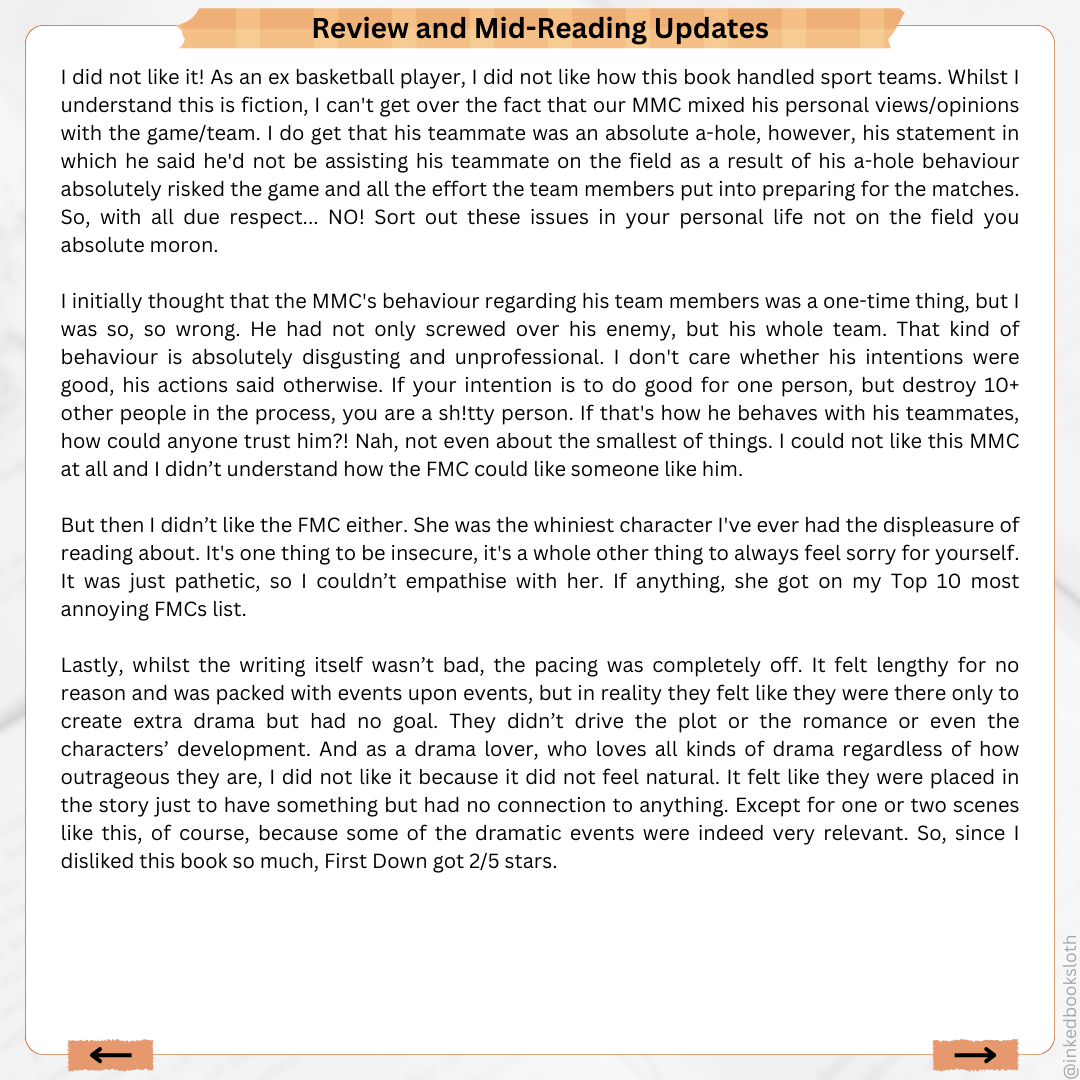 inkedbooksloth's tweet photo. This #book was hard to get through. The #MCs were infuriating, the #plot was irritating, the #romance was abrupt and the chemistry was lacking. It was disappointing, so #FirstDown by #GraceReilly got 2/5★

If you #read it, did you like it?

#booktwt #bookx #books #bookish https://t.co/3WGqksvk3G