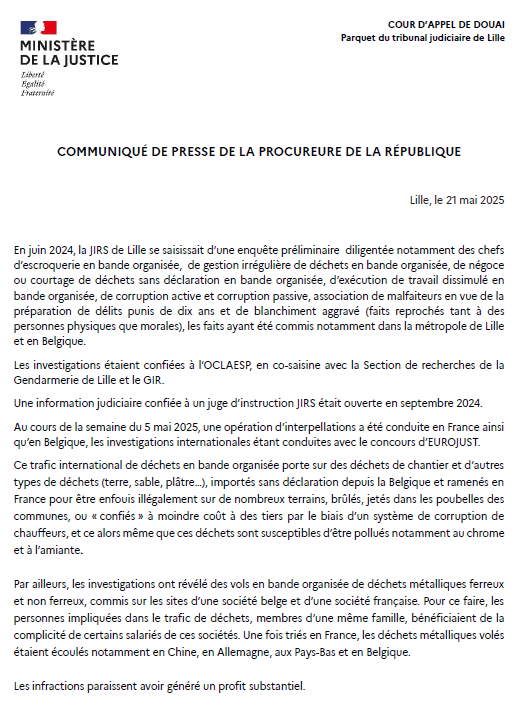 ProcureurLille's tweet photo. [Communiqué de presse] Sous l’égide de la #JIRS de Lille, une enquête pour #trafic de #déchets entre la #France et la #Belgique a été diligentée, avec le concours d'@Eurojust
➡️8 mis en cause interpellés lors d'une opération conduite le 5 mai 2025 https://t.co/kcCNmg3Rsx