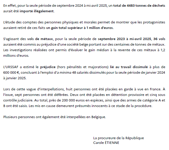 ProcureurLille's tweet photo. [Communiqué de presse] Sous l’égide de la #JIRS de Lille, une enquête pour #trafic de #déchets entre la #France et la #Belgique a été diligentée, avec le concours d'@Eurojust
➡️8 mis en cause interpellés lors d'une opération conduite le 5 mai 2025 https://t.co/kcCNmg3Rsx