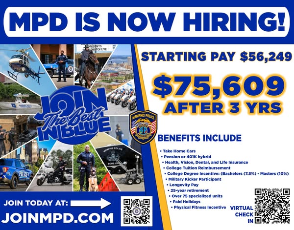 Ready to make a difference? Join the Best in Blue with the Memphis Police Department!
We're looking for dedicated individuals to serve and protect our community. If you're ready for a rewarding career, apply today! @City of Memphis

joinmpd.com
#JoinMPD #BestInBlue