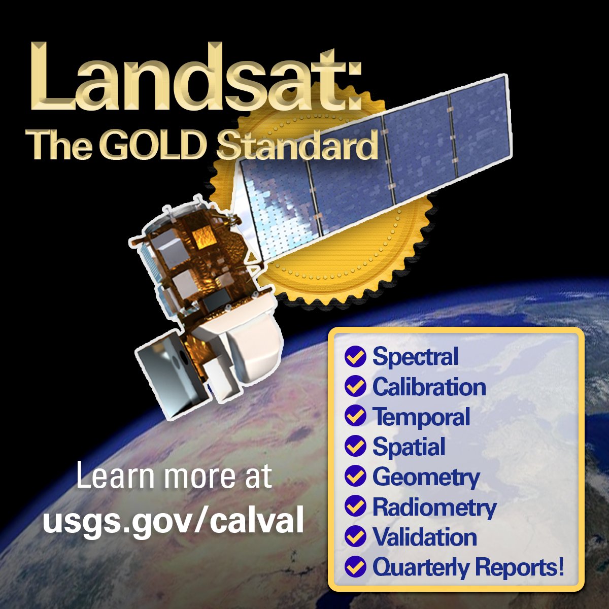 The GOLD standard is the goal of the USGS EROS CalVal Center of Excellence #Landsat Cal/Val team.  Experts focus on improving the accuracy, precision, calibration, &amp; quality of data acquired by active Landsat missions publish their findings in reports: ow.ly/GH4J50VruLS.