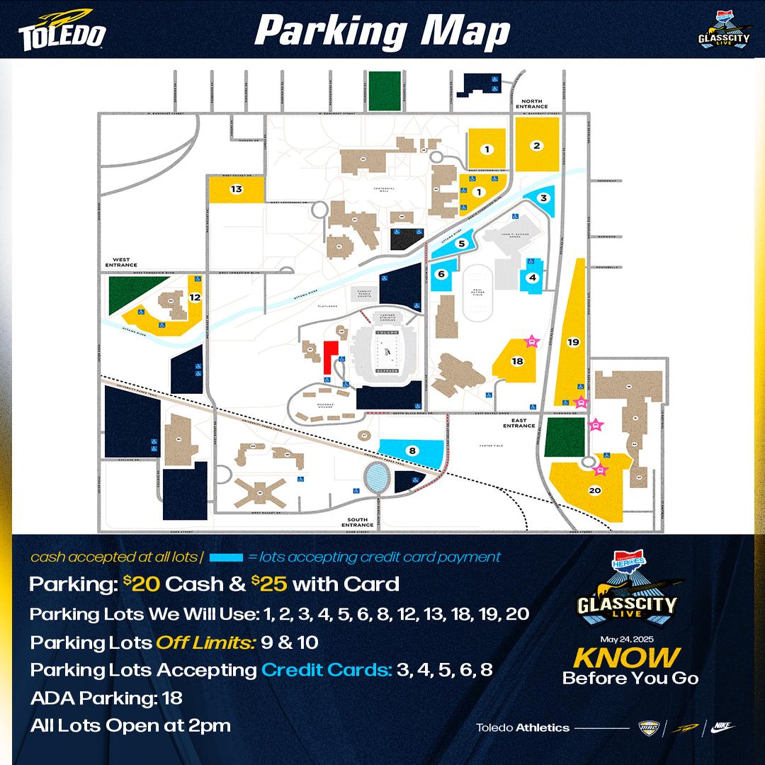 GlassCityLive's tweet photo. Parking made easy!

Here’s your go-to map for lot locations, pricing, and payment options.

🕑 Lots open at 2PM

💵 $20 cash | 💳 $25 card

ADA parking available in Lot 18.

 Still don’t have your tickets? There’s still time!
🎟️: https://t.co/oeOdeToOma

#GlassCityLive #JACLive https://t.co/oIB01wzQef