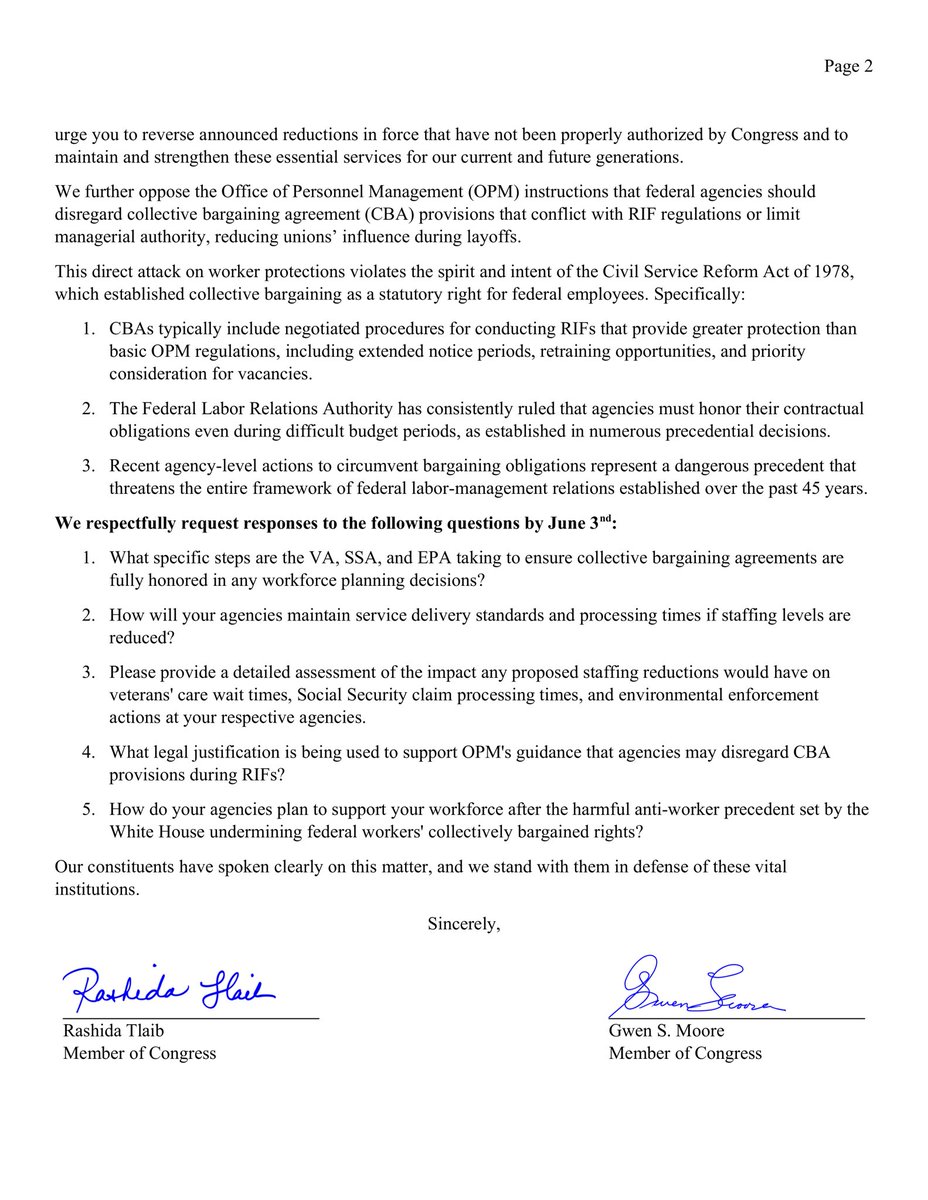 RepRashida's tweet photo. I worked with federal workers and labor leaders on this critical letter calling for accountability with 26 of my colleagues. We are demanding VA, SSA, and EPA leadership oppose staffing cuts. These agencies provide services our families depend on. They must remain fully staffed. https://t.co/SNLJWJZfCS