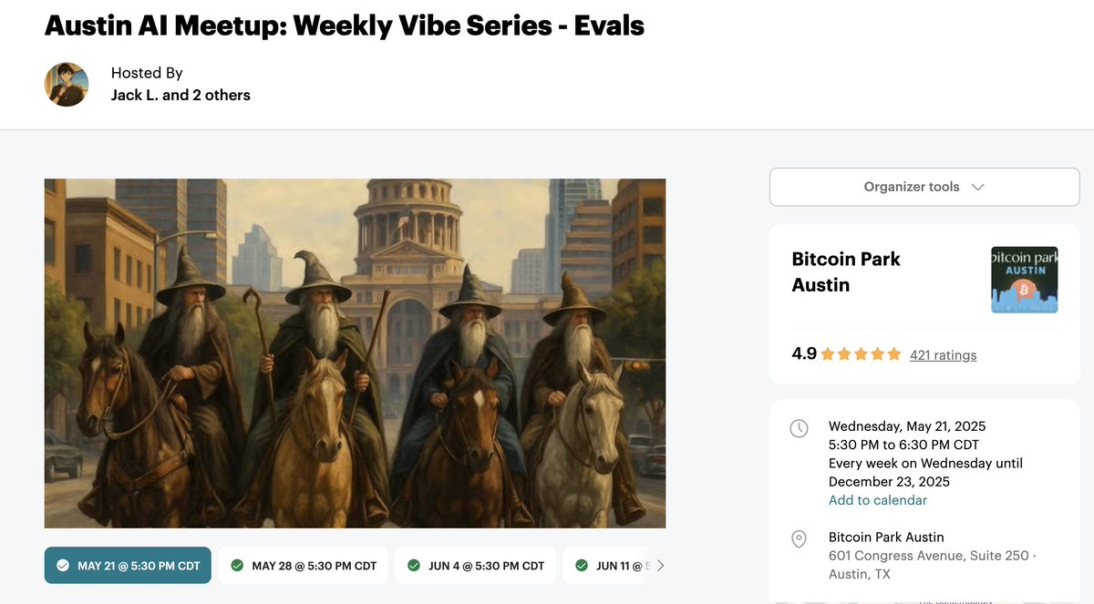 Anthony Ronning (@anthonyronning_) on Twitter photo Another AI meetup tonight at 5:30 in Austin!
<a href="/_JustinMoon_/">Justin Moon</a> and I will be going through some eval frameworks! How to get started with some basic evals, why they are important, etc. Another AI meetup tonight at 5:30 in Austin!
<a href="/_JustinMoon_/">Justin Moon</a> and I will be going through some eval frameworks! How to get started with some basic evals, why they are important, etc.