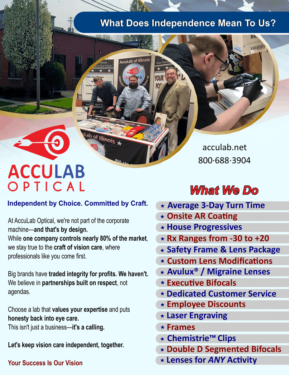 AccuLab of Illinois (@acculabillinois) on Twitter photo Why choose <a href="/AccuLabOptical/">AccuLab Optical</a>?
It’s simple… because we make your life simple. 😎
Fast turnarounds, high-quality lenses, no drama — just solid, reliable service from people who get it. 👓💪
👋 Try us out today! acculab.net or 800-688-3904
#easychoice #acculablenses Why choose <a href="/AccuLabOptical/">AccuLab Optical</a>?
It’s simple… because we make your life simple. 😎
Fast turnarounds, high-quality lenses, no drama — just solid, reliable service from people who get it. 👓💪
👋 Try us out today! acculab.net or 800-688-3904
#easychoice #acculablenses
