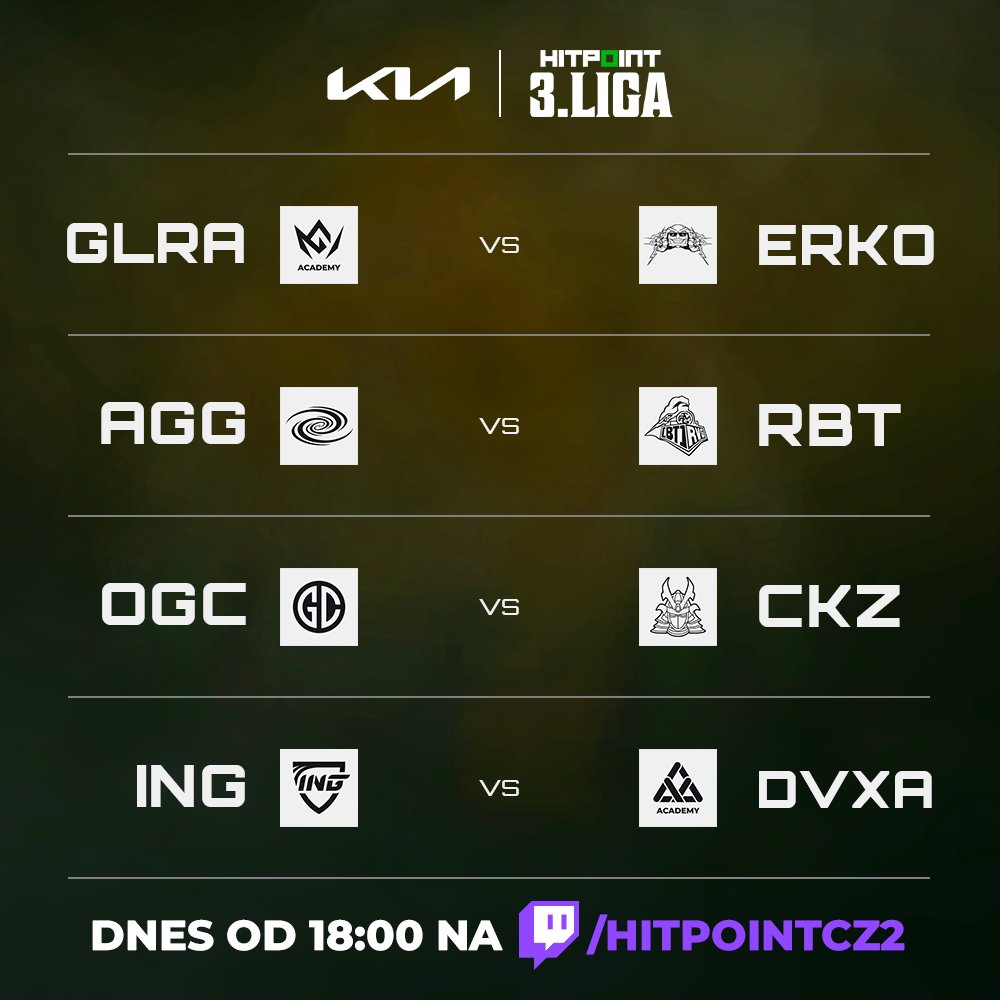 Dnešní večer patří CZSK LoL! Nenechte si ujít důležitou BO3 v 2. lize Challengers o playoff a <a href="/KIACzech/">Kia Czech</a> 3. ligu další důležité zápasy.

2. liga📺twitch.tv/hitpointcz
KIA 3. liga📺twitch.tv/hitpointcz2

Oba streamy můžete sledovat zároveň na 📺multitwitch.tv/hitpointcz/hit… 🥰