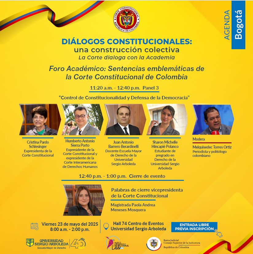 Con el liderazgo del decano Hernán Gonzalo Jiménez y el respaldo del vicerrector Carlos Camargo Assis.

🕗 8:00 a. m
🎟️ lnkd.in/eTGBF9_H
🎥@EMDSergioArboleda por YouTube

¡La Corte Constitucional dialoga con la academia! Te esperamos este 23 de mayo en la <a href="/USergioArboleda/">Universidad Sergio Arboleda | #SergistaSiempre</a>