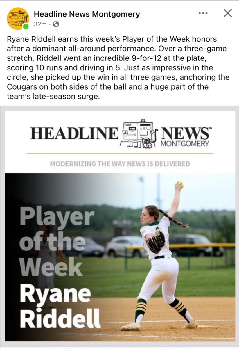 Montgomery Softball (@montgomery_sb) on Twitter photo Congrats to Junior Ryane Riddell who was named Player of the week for the Headline News Montgomery! 👏🏻 <a href="/HeadlineNewsMon/">Headline News Montgomery</a> <a href="/MHSCougarSports/">MHS Athletics</a> <a href="/PrincipalPino/">Heather Pino-Beattie</a> <a href="/SimeonPincus/">Simeon Pincus</a> Congrats to Junior Ryane Riddell who was named Player of the week for the Headline News Montgomery! 👏🏻 <a href="/HeadlineNewsMon/">Headline News Montgomery</a> <a href="/MHSCougarSports/">MHS Athletics</a> <a href="/PrincipalPino/">Heather Pino-Beattie</a> <a href="/SimeonPincus/">Simeon Pincus</a>