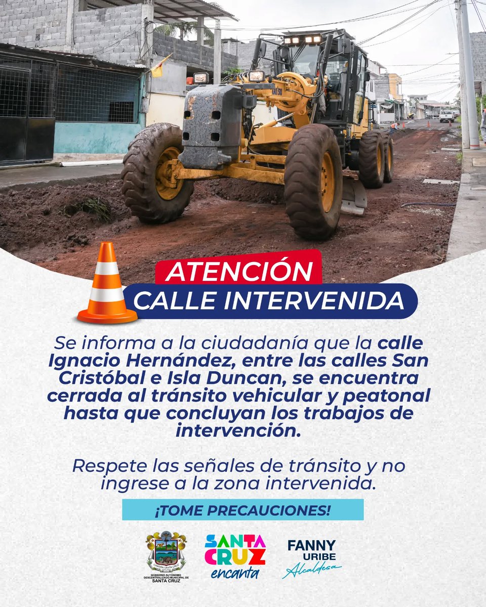 📷 Calle intervenida | Seguimos mejorando la infraestructura vial para tu seguridad y comodidad.
Te pedimos tomar precauciones y planificar tu movilidad.
Gracias por tu comprensión.
#GADSantaCruz #tránsitovehicular
#AlcaldesaFannyUribe