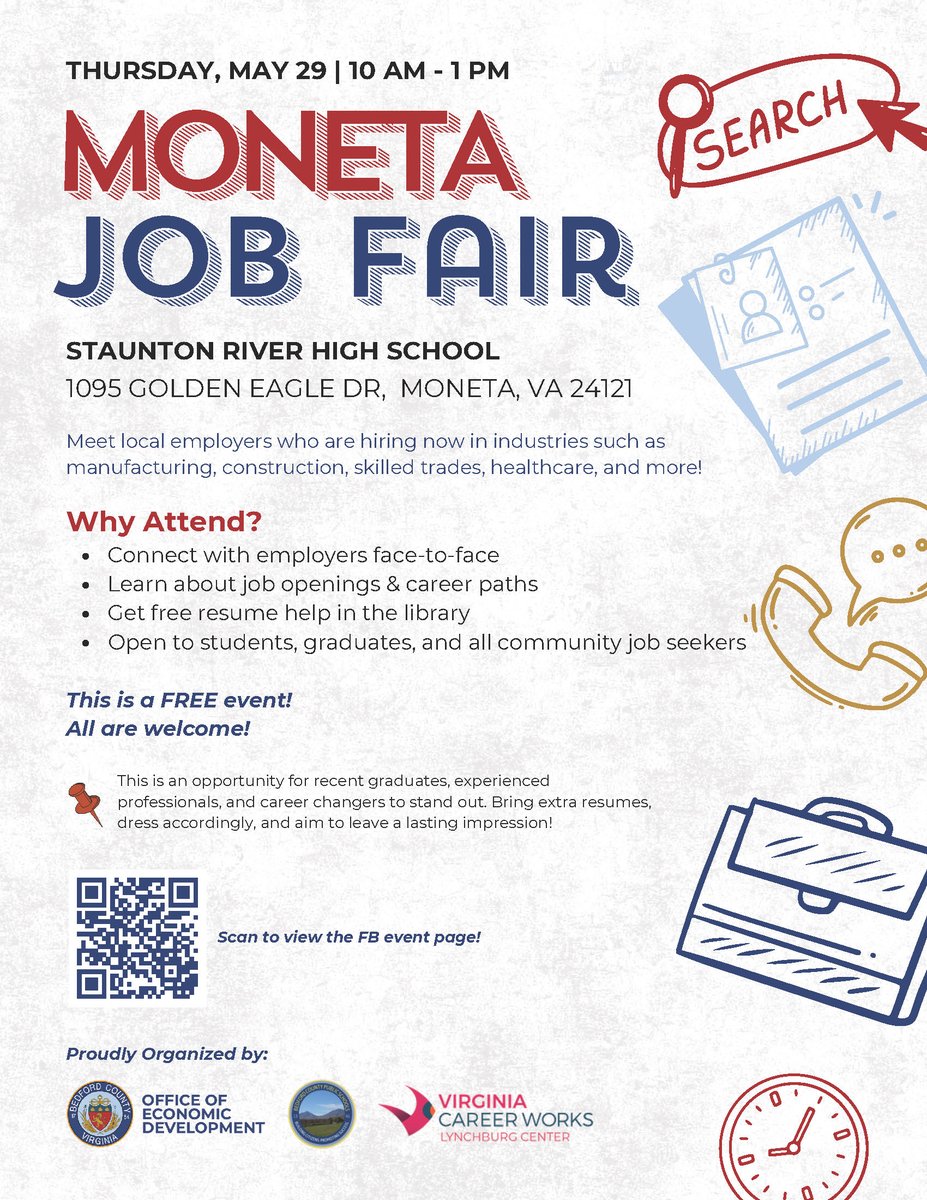 If you're looking for a new career move, don't miss the Moneta Job Fair next Thursday, May 29 from 10AM - 1PM at Staunton River High School. Meet with dozens of employers that are local to Bedford County and the Moneta/Smith Mountain Lake area. This event is free and open to all!