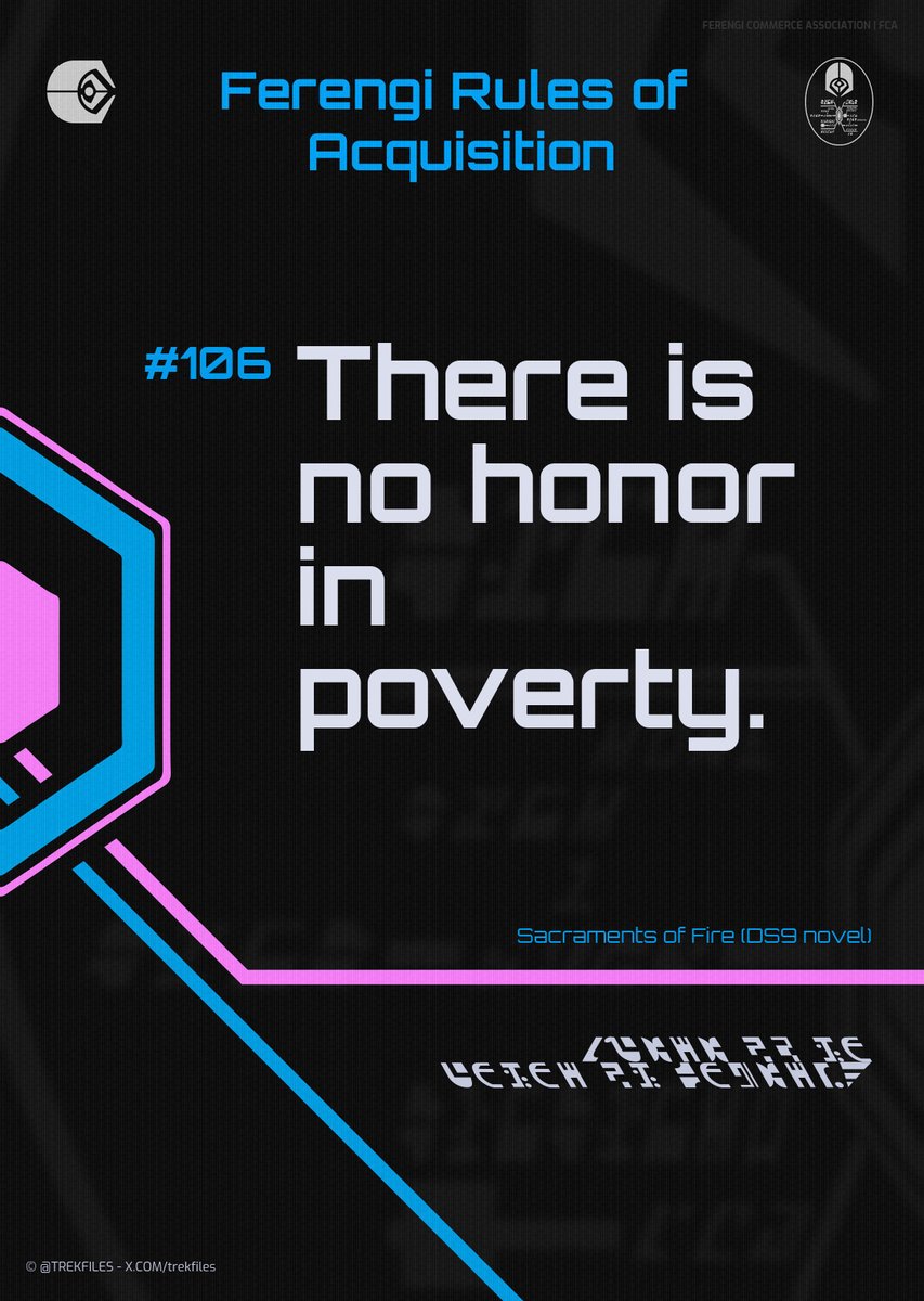 trekfiles's tweet photo. #106 There is no honor in poverty. Sacraments of Fire (#ds9 novel) #startrek #ferengi #ferengirules #StarTrekVOY #voyager @ChaseMasterson @TheKateMulgrew #tng @melissaCnavia #stvoyager https://t.co/K9o9DvBbeM