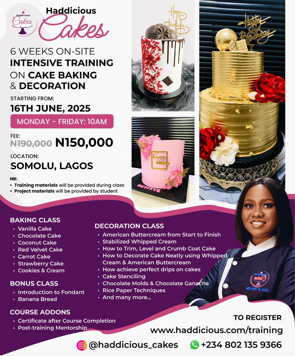 haddiciouscakes's tweet photo. Get Ready for a Sweet Success! 

Join us for the June/July edition of our 6-week Cake Baking and Decoration Program, starting June 16th, 2025! 🍰👨‍🍳

Learn the art of cake baking and decoration, and get expert recipes and techniques to kickstart your cake business. https://t.co/eouQu5eLUO