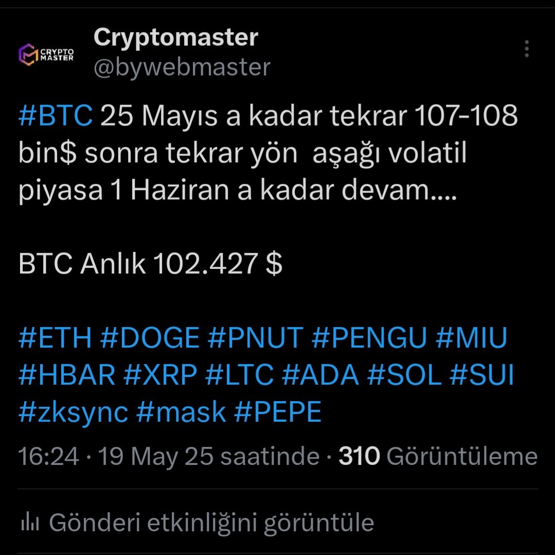 bywebmaster's tweet image. Herkes korkarken yükselişi herkes coşkudayken düşüşü vereceğim...

Biliyorum sıkıldık ancak şu an için ATH OLMAYACAK!!!

BTC anlık 107.60!$

26 Mayıs hedef 104.100$

#btc #XRP
#pengu #PNUT #DOGE
#ltc

#BTC 25 MAYIS tan sonra tekrsr 104 bin dolar seviyesine kadar inecektir..