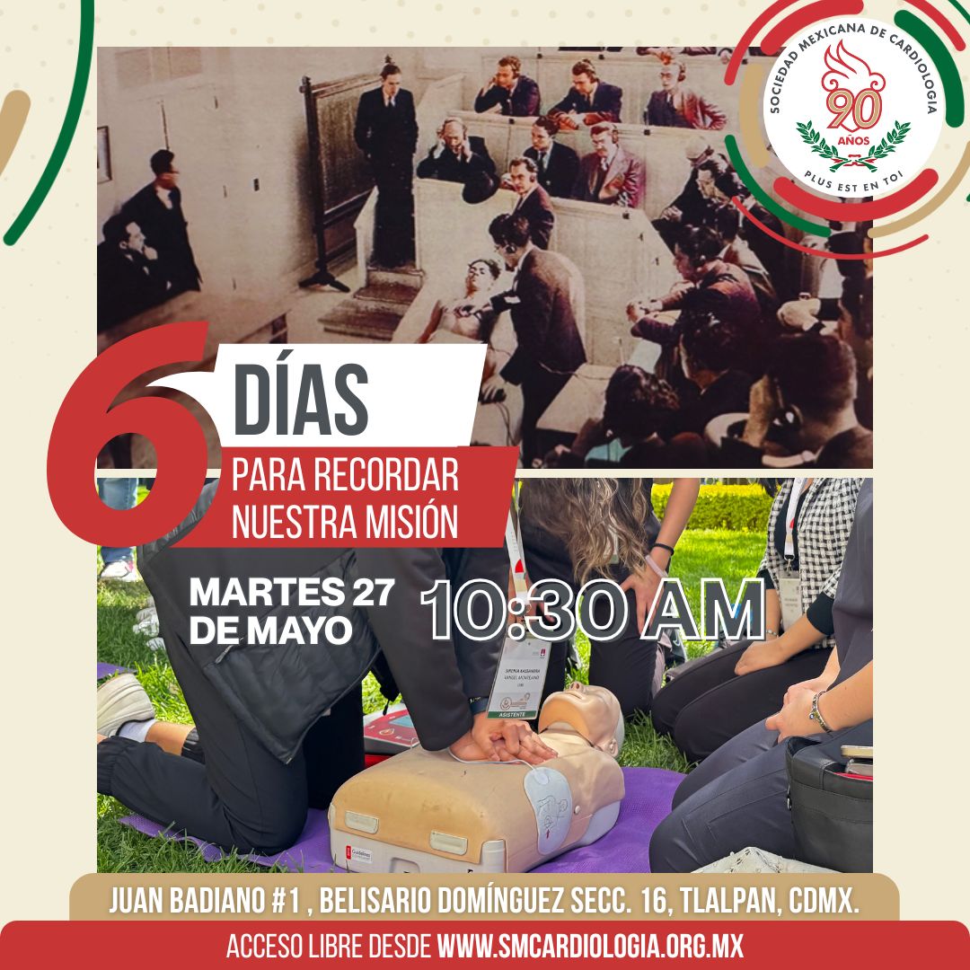 ⚠6 DÍAS PARA RECORDAR NUESTRA MISIÓN #SMC
#UnaSociedadConHistoria te invita a ser parte de la celebración de 90 AÑOS.
✅ MARTES 27 DE MAYO  10:30 AM.
📍 PRESENCIAL: Juan Badiano #1 Belisario Domínguez Secc. 16. Tlalpan, CDMX.
✅ REGÍSTRATE VIRTUAL: smcardiologia.org.mx/90-aniversario/