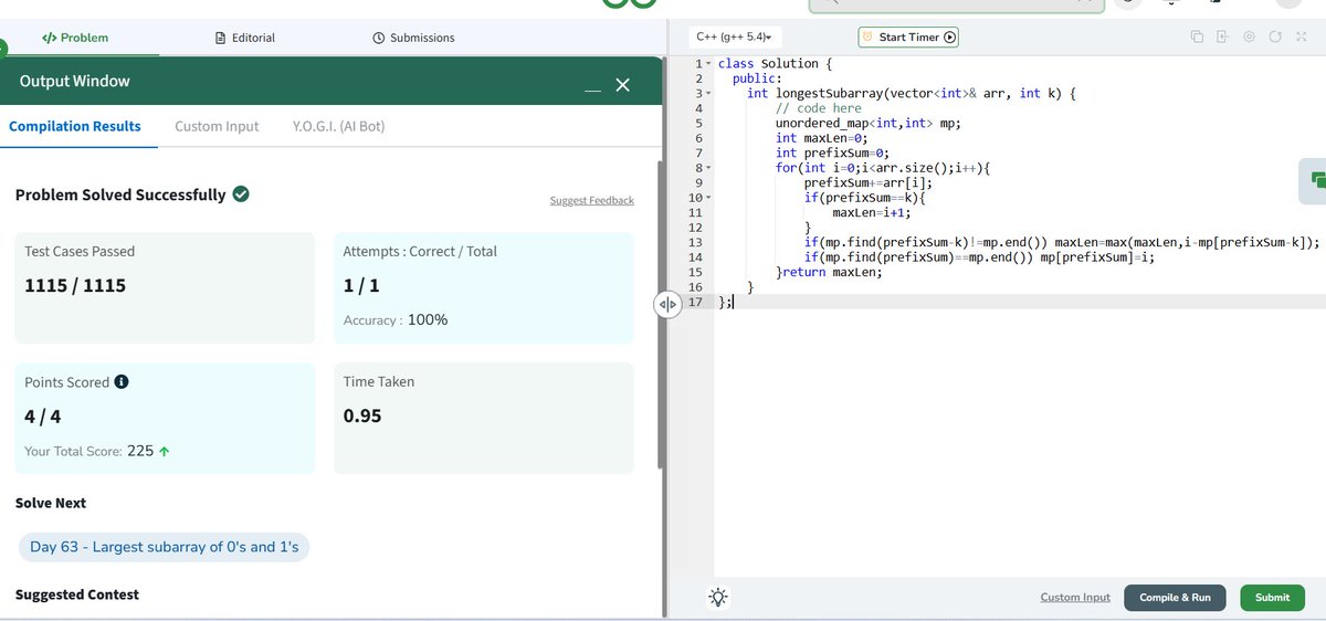 ashutosh_m03's tweet photo. Day 62 of my #GFG160DaysCodingChallenge ||| Longest Subarray with Sum K !!! 
#gfg160 #geekstreak2025 #geeksforgeeks #160DaysOfCode @geeksforgeeks https://t.co/VvAv5LAmAA