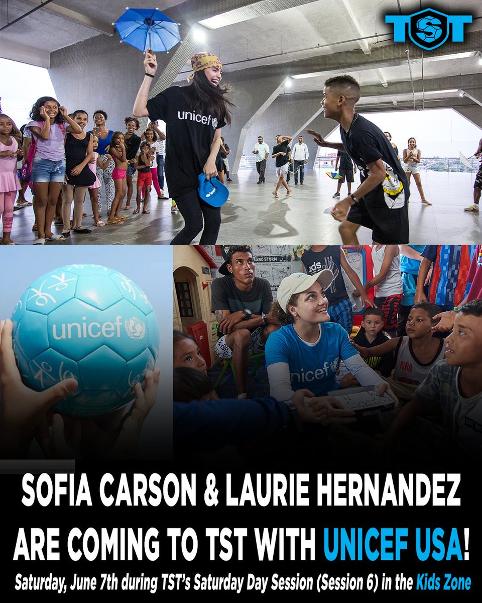 UNICEF AMBASSADORS SOFIA CARSON &amp; LAURIE HERNANDEZ ARE COMING TO TST!

On Saturday, June 7, <a href="/UNICEFUSA/">UNICEF USA</a> is taking over TST's NCFC Youth Kids Zone during TST's Session 6 (Saturday Day Session)

Don’t miss out on the fun with <a href="/LaurieHernandez/">Laurie Hernandez</a> &amp; <a href="/SofiaCarson/">Sofia Carson</a>: tst7v7.com/tickets