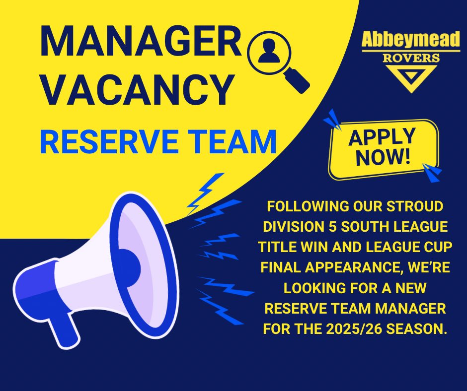 abbeymeadrovers's tweet photo. 🚨 We’re on the lookout for a new Reserve Team Manager!

A brilliant chance to lead our League Championship-winning, League Cup finalist squad as they step up to Stroud Division 4 next season.

💬 Got the passion and vision to lead this side? Get in touch today! https://t.co/LhPtPD9Sp6
