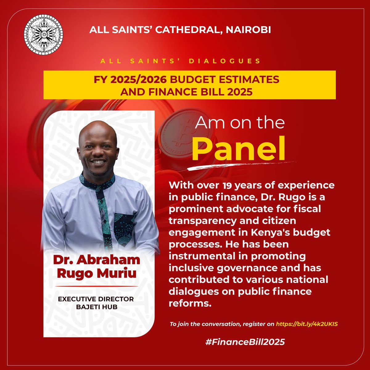 Join All Saints’ Dialogues tomorrow, 22nd May at 7:30 PM featuring Dr. Abraham Rugo Muriu of Bajeti Hub. A key conversation for citizens &amp; leaders shaping Kenya through informed, righteous engagement. Register: bit.ly/4k2UKIS
#AllSaintsDialogues #Budget2025