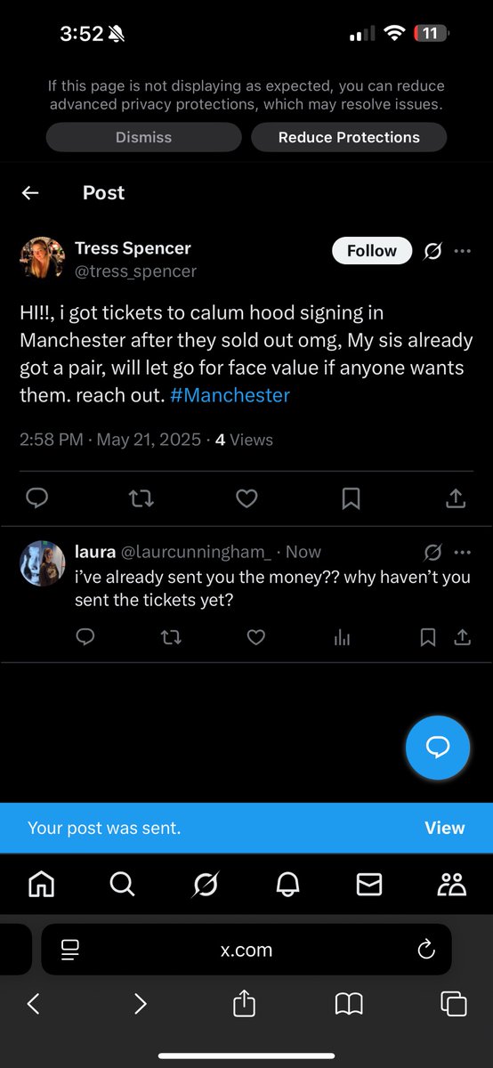 laurcunningham_'s tweet photo. pt1 please be careful with buying calum hood signing tickets from this person. i have been scammed, they’re posting the same tweet over and over again after receiving the money i sent them for the tickets at 11:15am. https://t.co/n1odGLv4oq